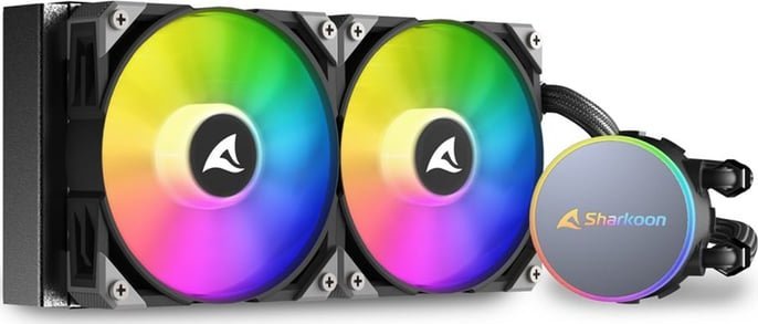 Ftohës uji për procesor Sharkoon S70 RGB, radiator 240 mm, dy ventilatorë RGB, i zi