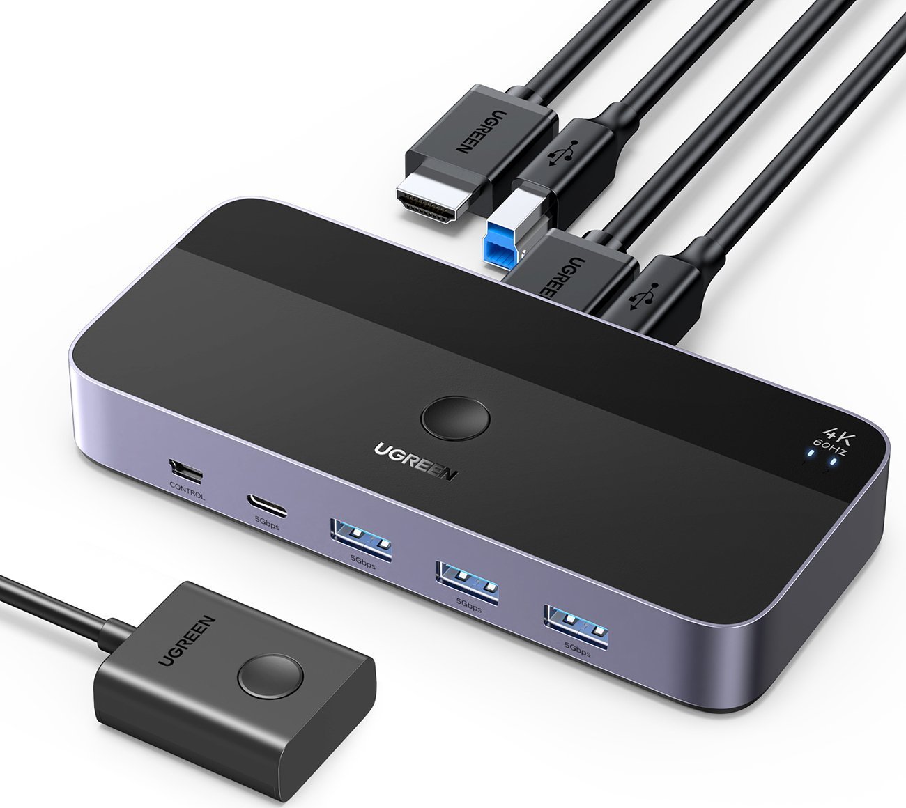 Прекинувач KVM Ugreen CM664, 2 PC на 1 монитор, 4 порти USB 3.0, 4K 60Hz