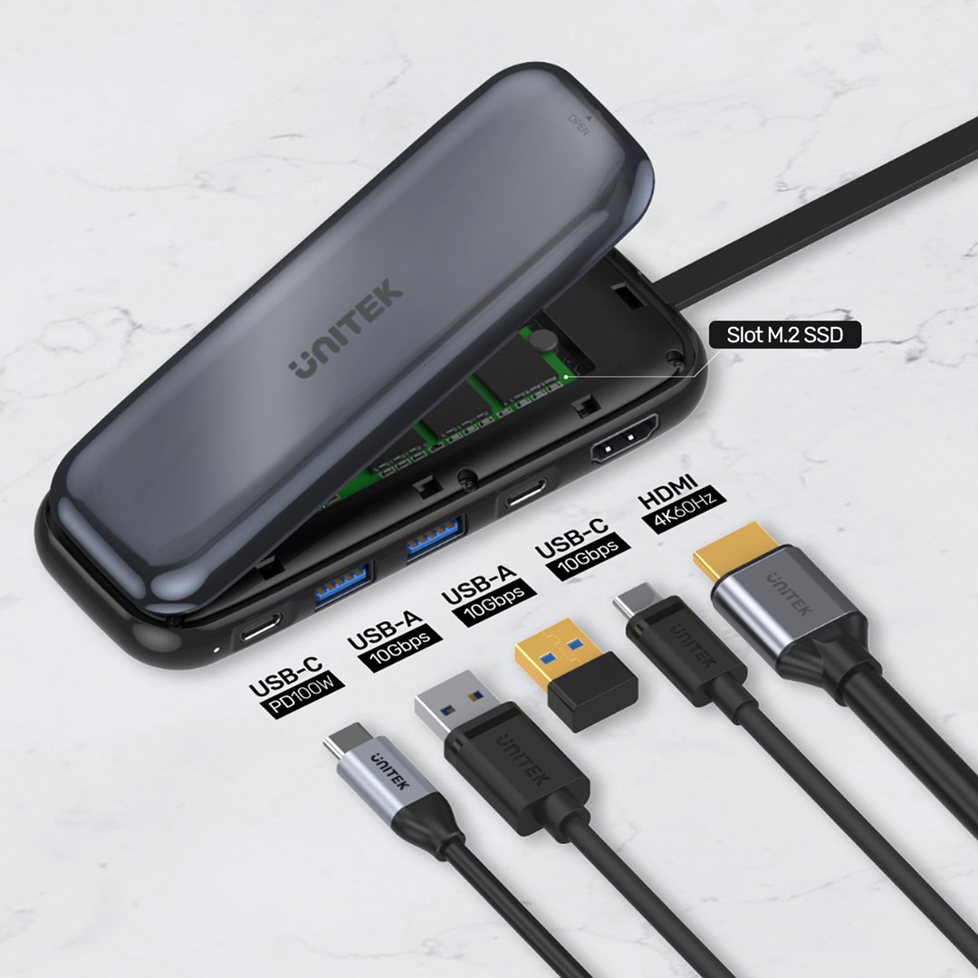 USB Hub Unitek D1046A uHUB H6, 6-në-1, USB-C, M.2 SSD, i hirtë