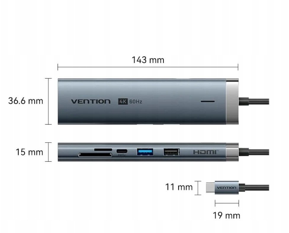 Docking station USB C Vention 8 in 1, HDMI 4K, PD 100W, gri