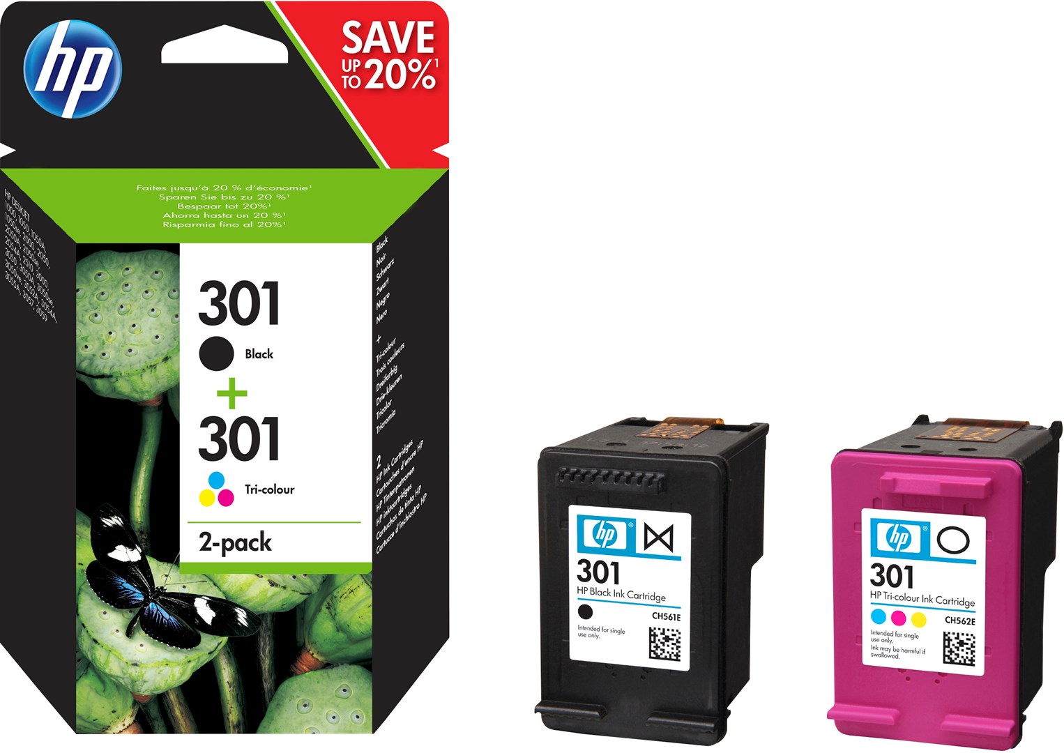 Ngjyrë për printer HP 301, 2 copë, e zezë / e kaltër / vjollcë / e verdhë