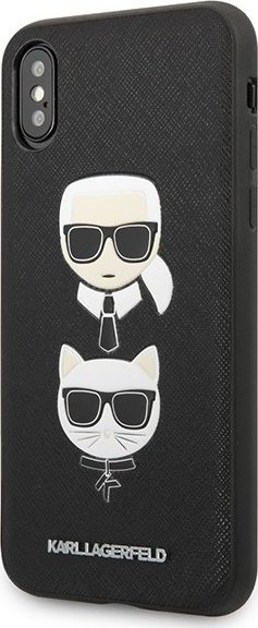 Mbulesë telefoni Karl Lagerfeld KLHCPXSAKICKCBK, për iPhone X XS, hardcase Saffiano Ikonik Karl dhe Choupette, e zezë