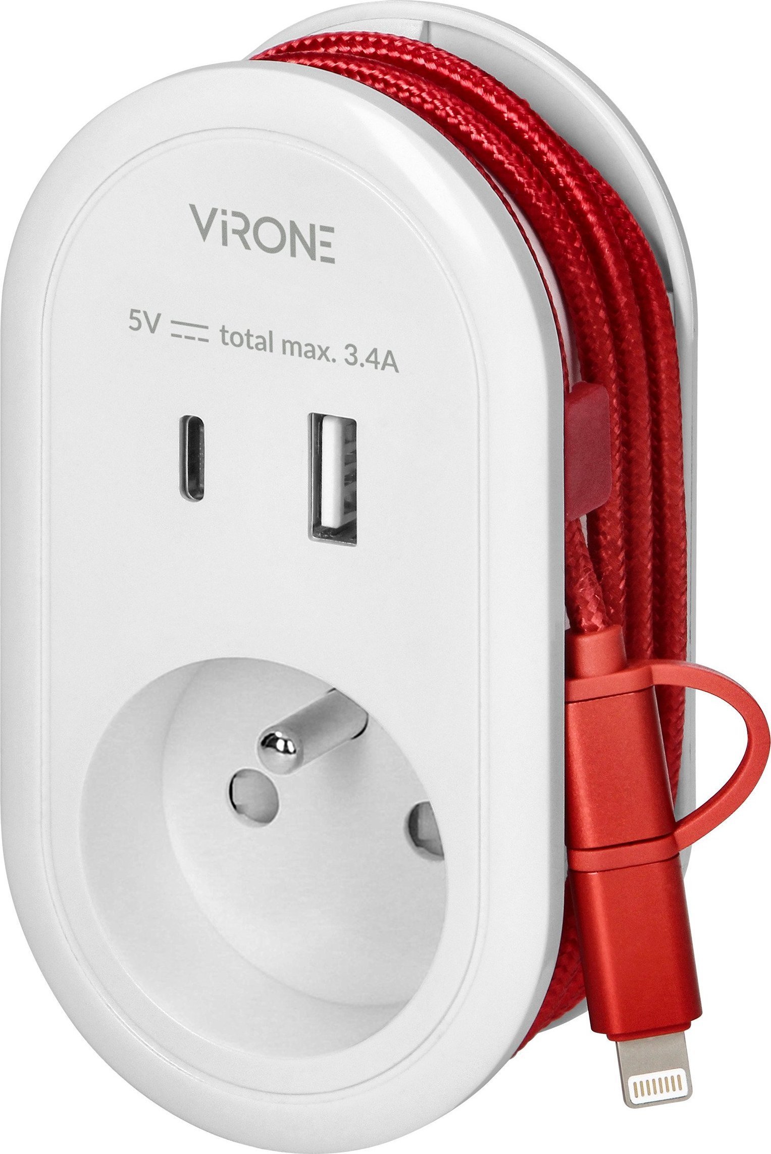 Adapter prizë me USB Orno, 1x2P+E, 2xUSB Type A+C 3.4A, me kabllo Type C dhe Lightning, e bardhë