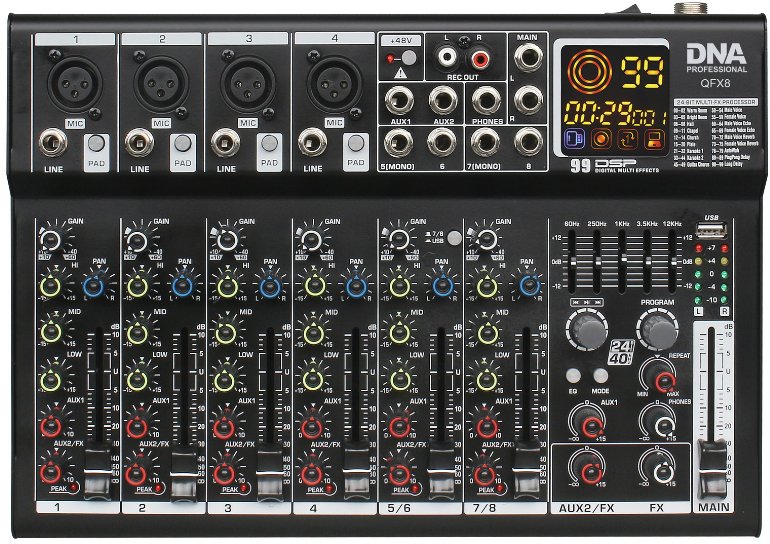 Mikser audio Dna QFX8, 8 kanale, Bluetooth USB, gri