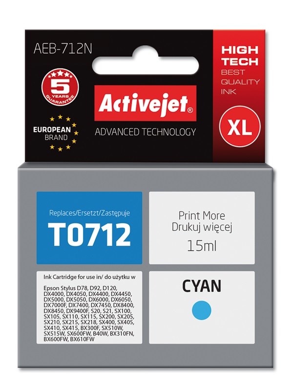 Ngjyrë për printer Activejet AEB-712N (zëvendësim për Epson T0712, T0892, T1002), 15 ml, e kaltër