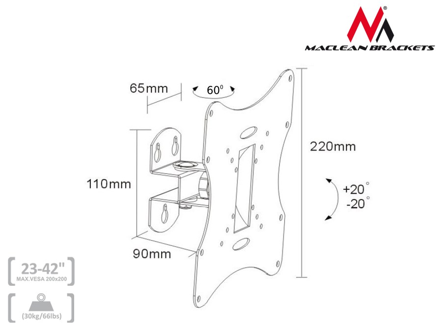 Mbajtëse muri për TV Maclean MC-501B, 23-42", e zezë