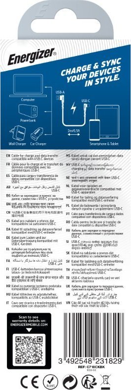 Kabllo Energizer C710CKBK USB A në USB C, 2 m, 90°, e zezë