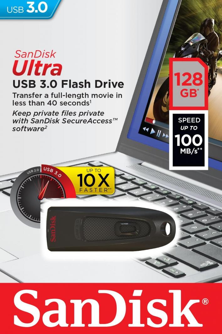 SanDisk Ultra USB 3.0 Флеш Диск, 128 GB, Црвена