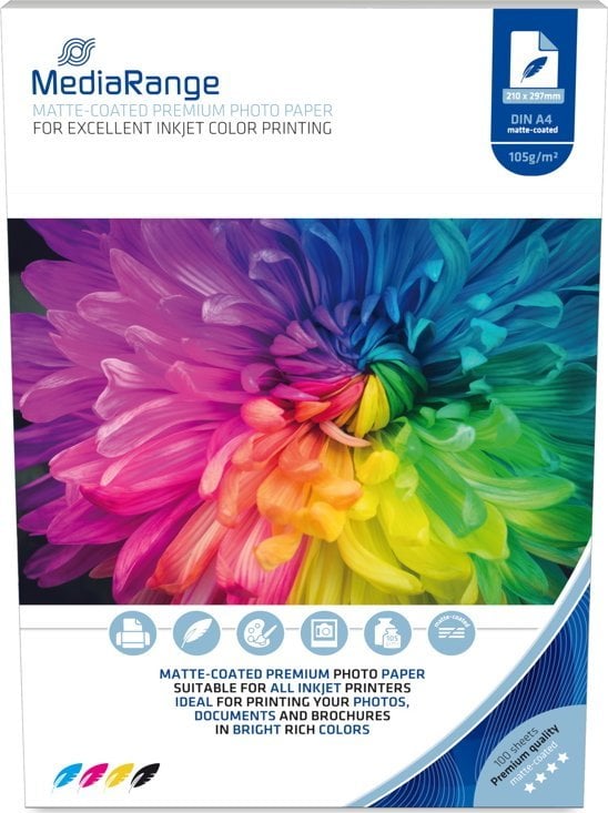 Фотографска хартија MediaRange Matte, A4, 105g, 100 листови, бела