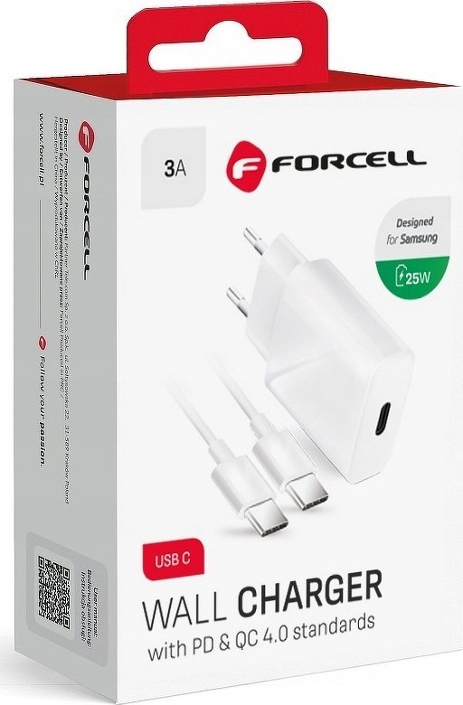 Полнач за ѕид Forcell USB-C PD QC 4.0, 25W, 3A, со кабел 1 m