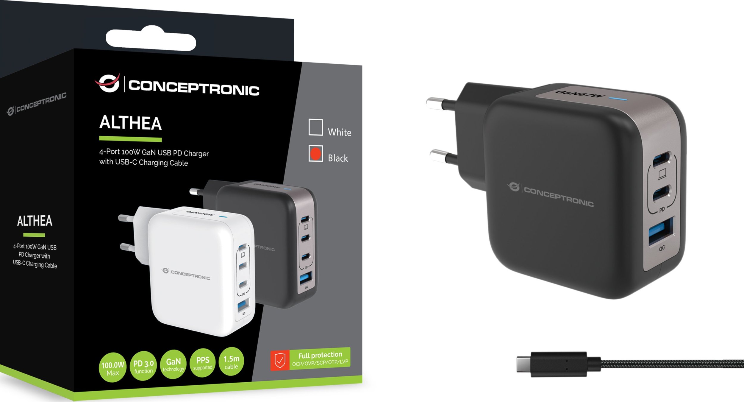 Karikues Conceptronic 4-Port GaN, 100W, USB PD QC 3.0, me kabllo USB-C