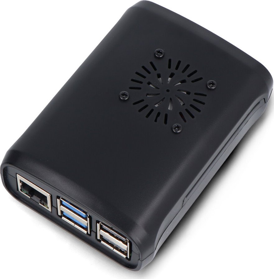 Kuti për Raspberry Pi 5, me ventilator, me ftohës alumini, ABS, e zezë