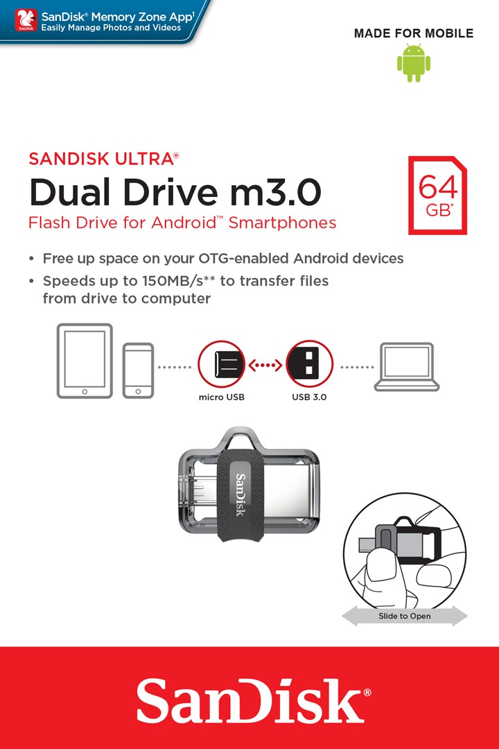 USB Sandisk Ultra Dual m3.0, 64 GB, USB Type-A / Micro-USB