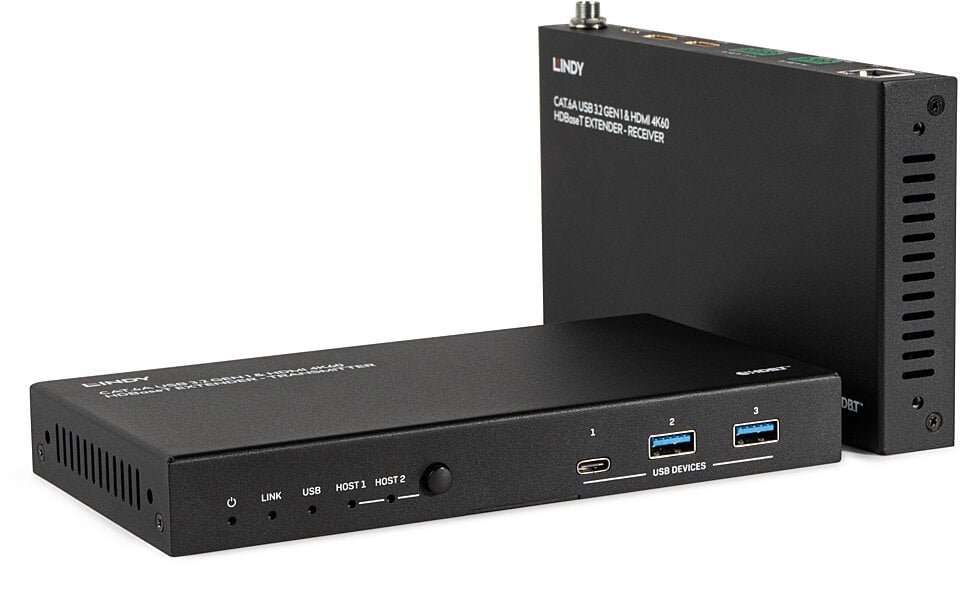 Проширювач Lindy HDBaseT, 100m, USB 3.2 Gen 1 и HDMI 4K60, црн