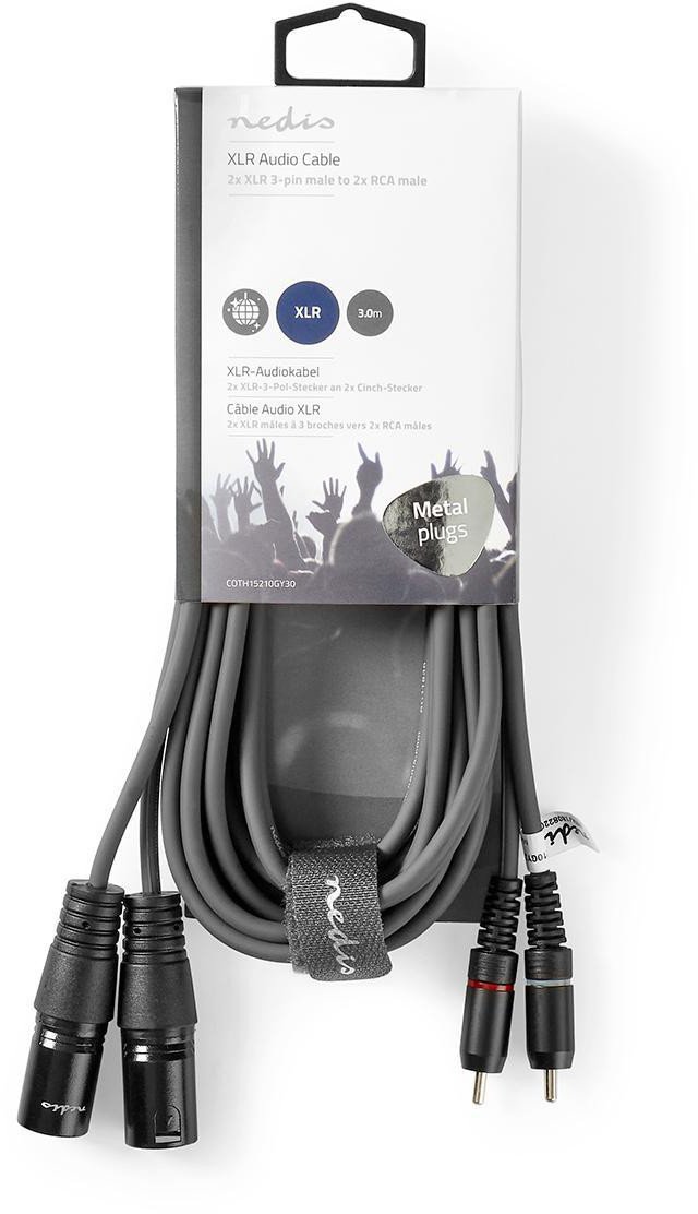 Аудио кабел Nedis XLR во RCA, 3 m, 2x XLR 3 pin машки 2x RCA машки, сив