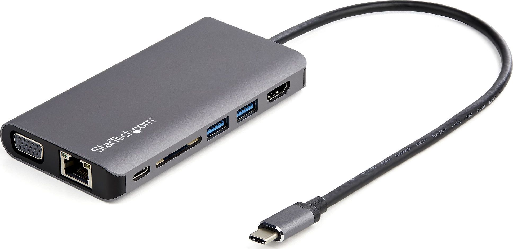 Adapter multifunksional StarTech USB C, 4K HDMI VGA, 3x USB 3.0 SD RJ45 Audio, 100W PD, gri