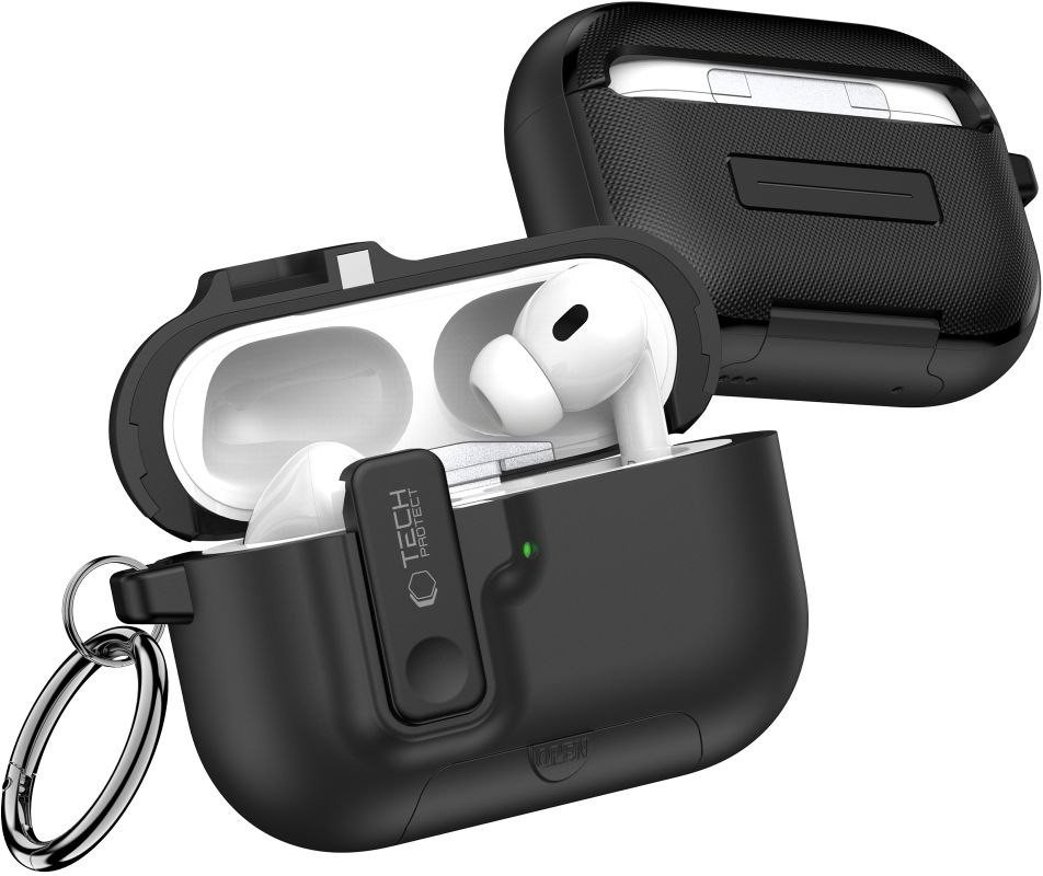 Kuti mbrojtëse Tech-Protect Slim Hook për Apple AirPods Pro 3, polikarbonat, me karabinë, e zezë