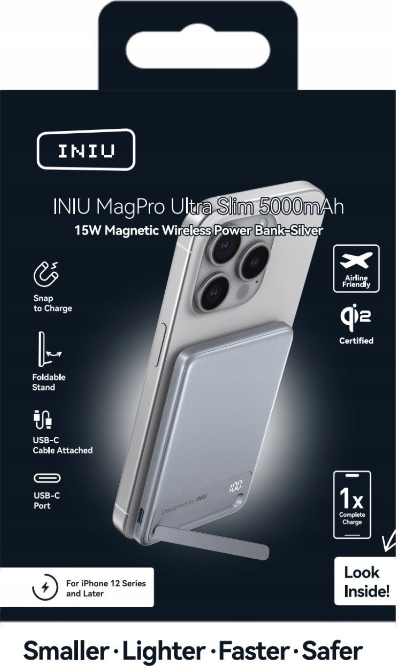 Power bank INIU MagPro Slim 5K, 5000mAh, wireless Qi2 15W, i bardhë