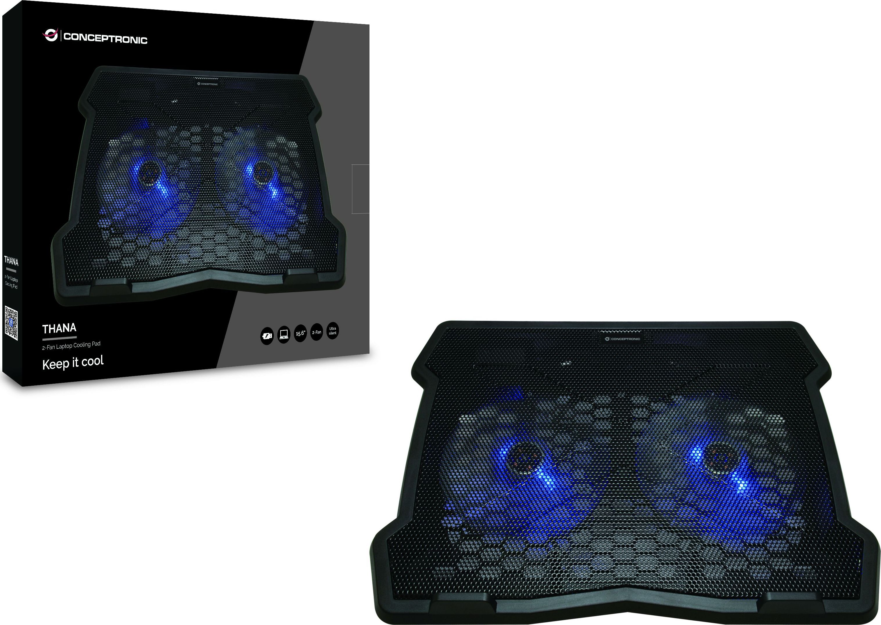 Mbajtëse ftohëse për laptop Conceptronic THANA06B, 2 flladitës, USB, e zezë