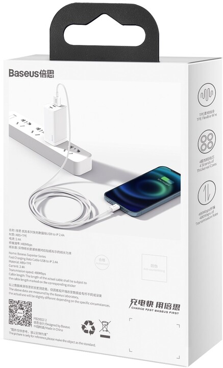 Kabllo BASEUS Superior Series USB-A - Lightning, 2.4A, 2m, e bardhë