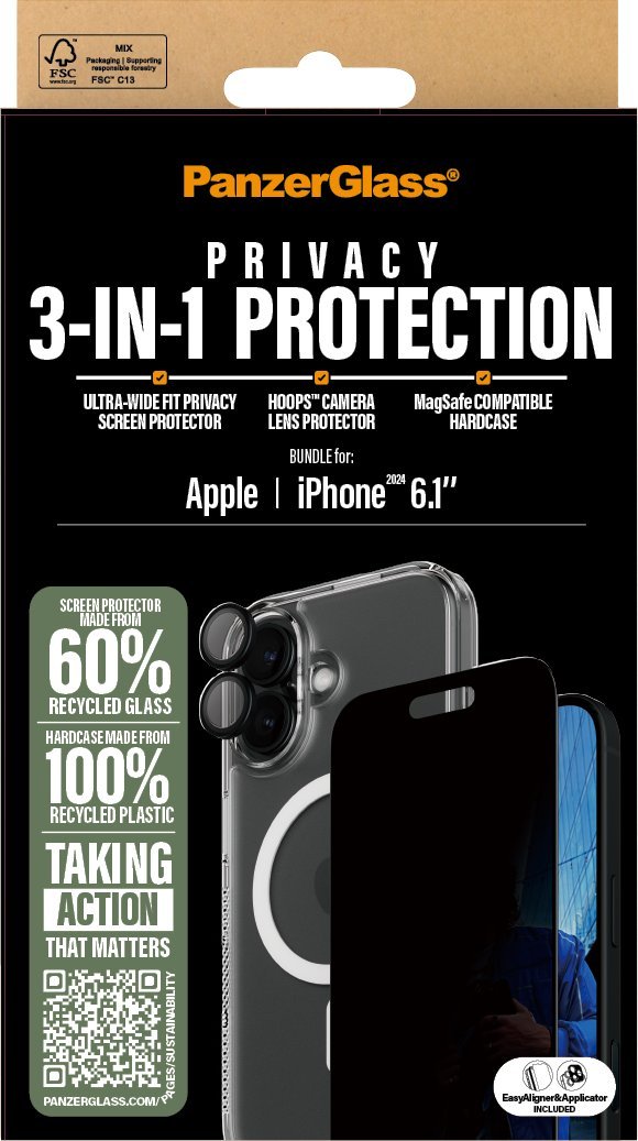 Set mbrojtës CARE by PanzerGlass për iPhone 16, xham privatësie, mbrojtje kamere, HardCase transparent