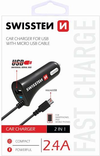 Karikues për makinë SWISSTEN, me port micro USB dhe USB 2.4A
