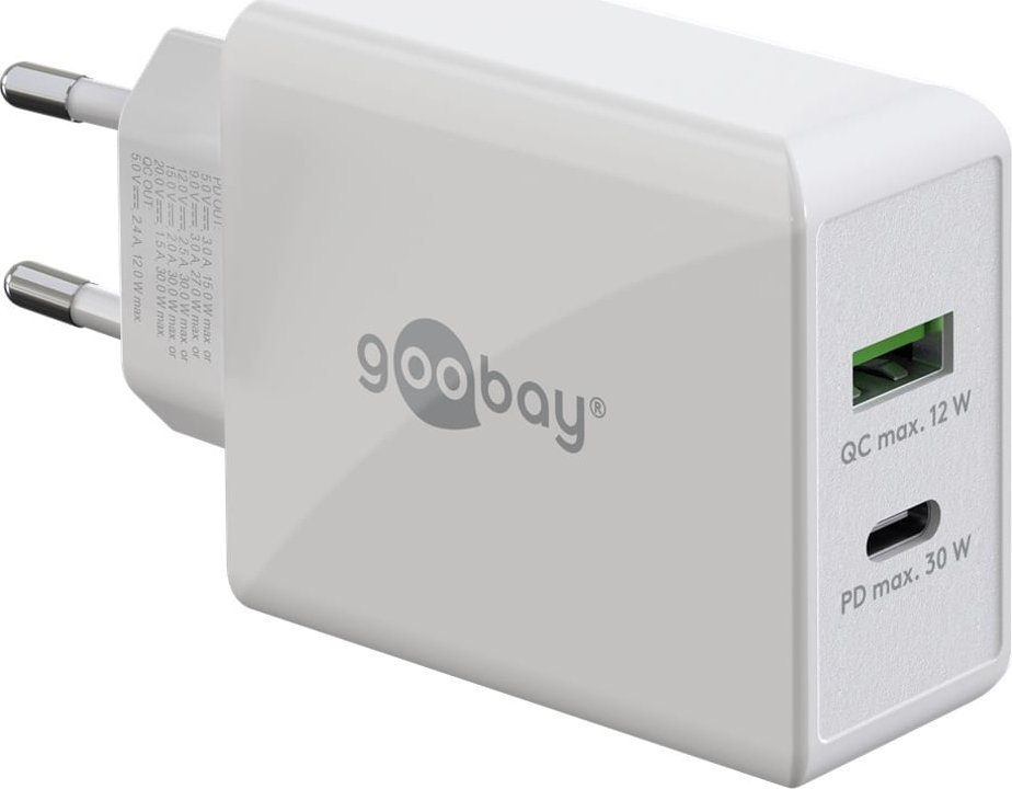 Karikues USB Goobay, 30W, 1x USB 1x USB C PD, i bardhë