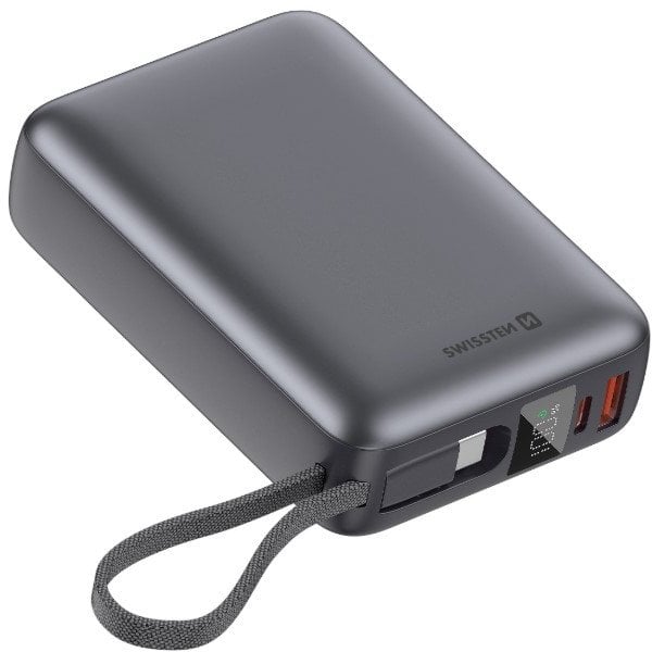 Power bank Swissten, 20000mAh, 45W, интегриран USB-C кабел, сиво металик