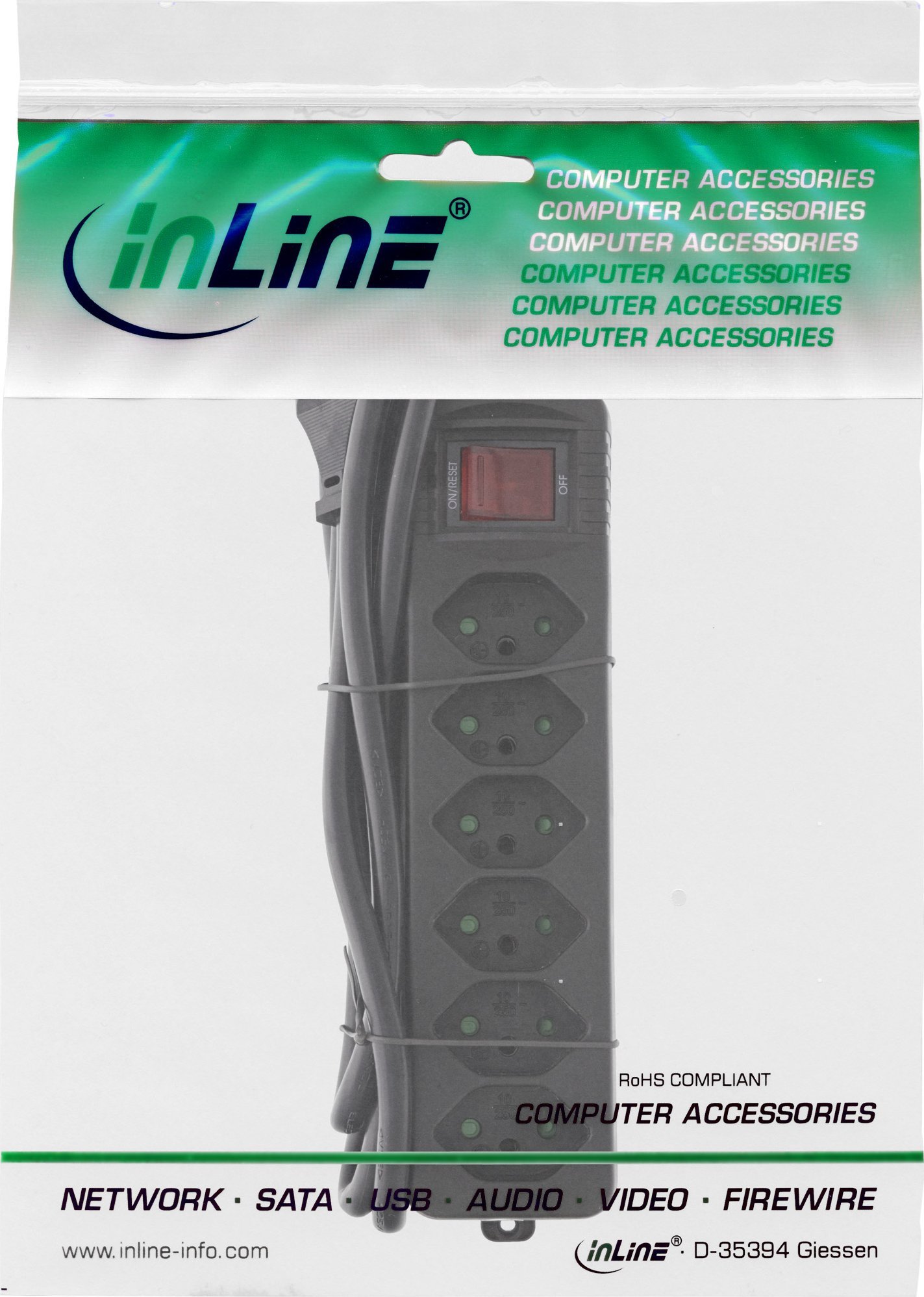 Shirit rryme InLine 16451Y, 6 dalje, kabllo 1.5 m, i zi