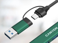 USB разделник Canyon DS-02 4in1, USB-A USB-C, зелена
