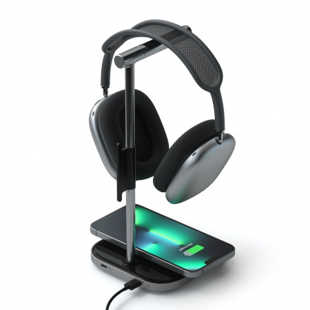 Mbajtëse për kufje Satechi 2-IN-1 me karikues Wireless, e hirtë