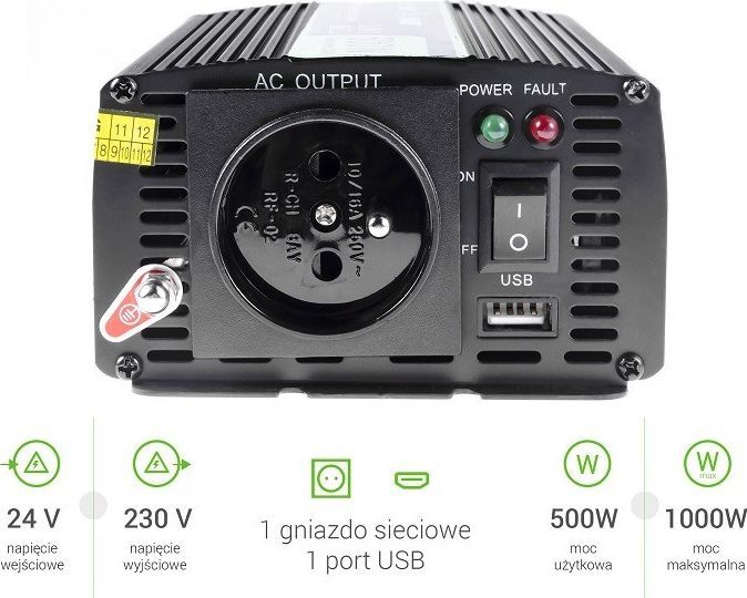 Konvertues i tensionit të makinës Green Cell 24V në 230V, 500W / 1000W