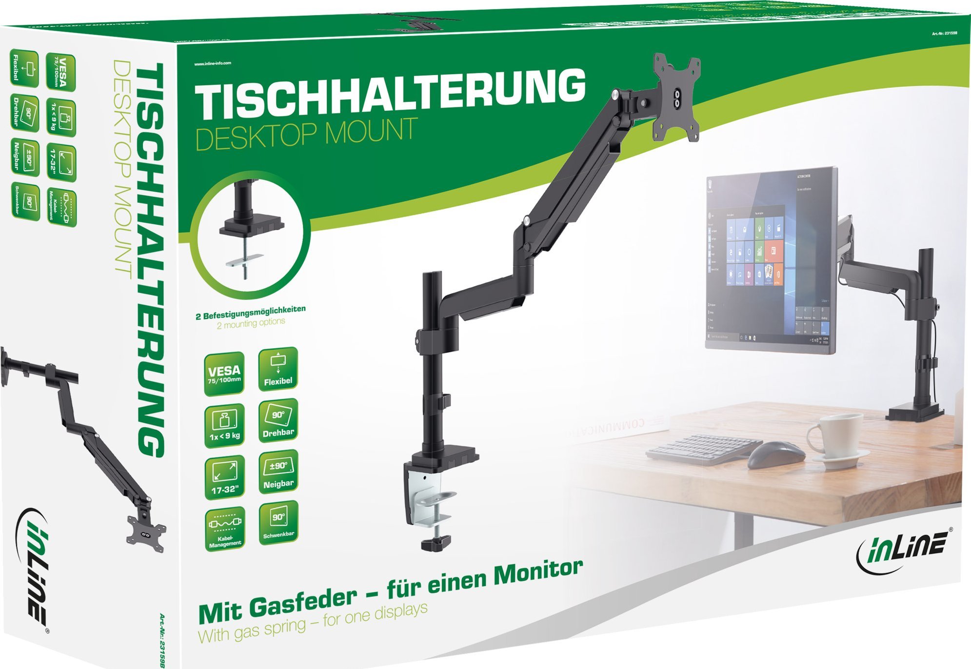 Држач за на маса за монитор InLine 23159B, 17-32", алуминиум, црн