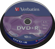 Verbatim DVD+R, 4.7 GB, 16X, шпиндел од 10 парчиња, мат сребрена