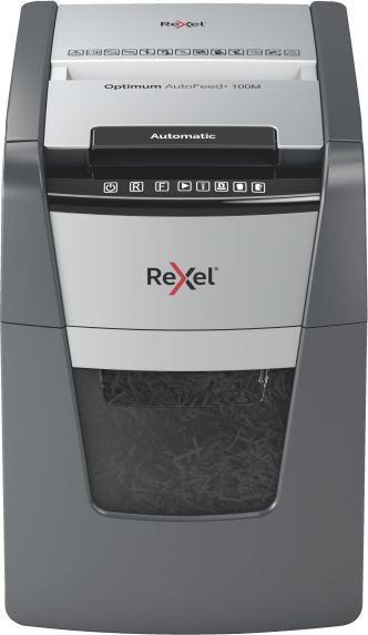 Rexel Optimum AutoFeed+ 100M Микро-сечач за документи, 34 L, P-5 (2 x 15 mm), 100-листно автоматско вметнување
