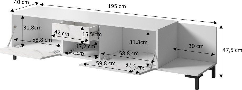 Komodë TV Marmo 2D1S1K, 195x40x47.5 cm, efekt mermeri, e zezë mat