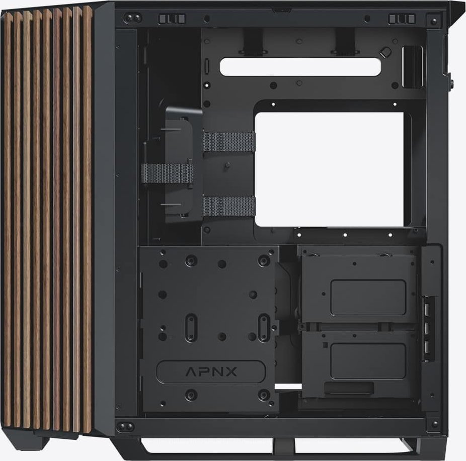 Kuti PC APNX V1, midi tower ATX, xham i temperuar, dru dhe e zezë