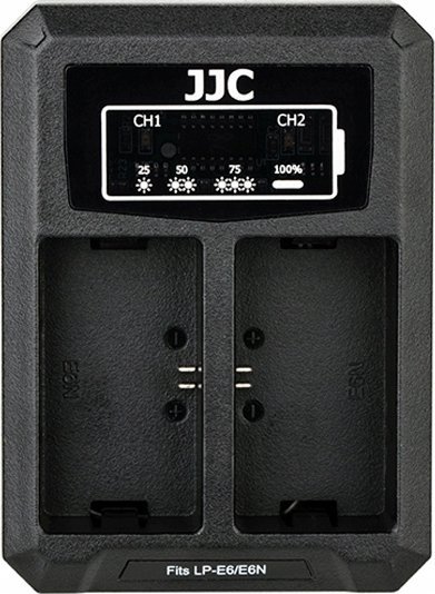 Karikues dyfishtë USB për kamera JJC, për bateri Canon LP-E6N, i zi