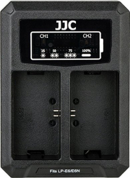 Karikues dyfishtë USB për kamera JJC, për bateri Canon LP-E6N, i zi