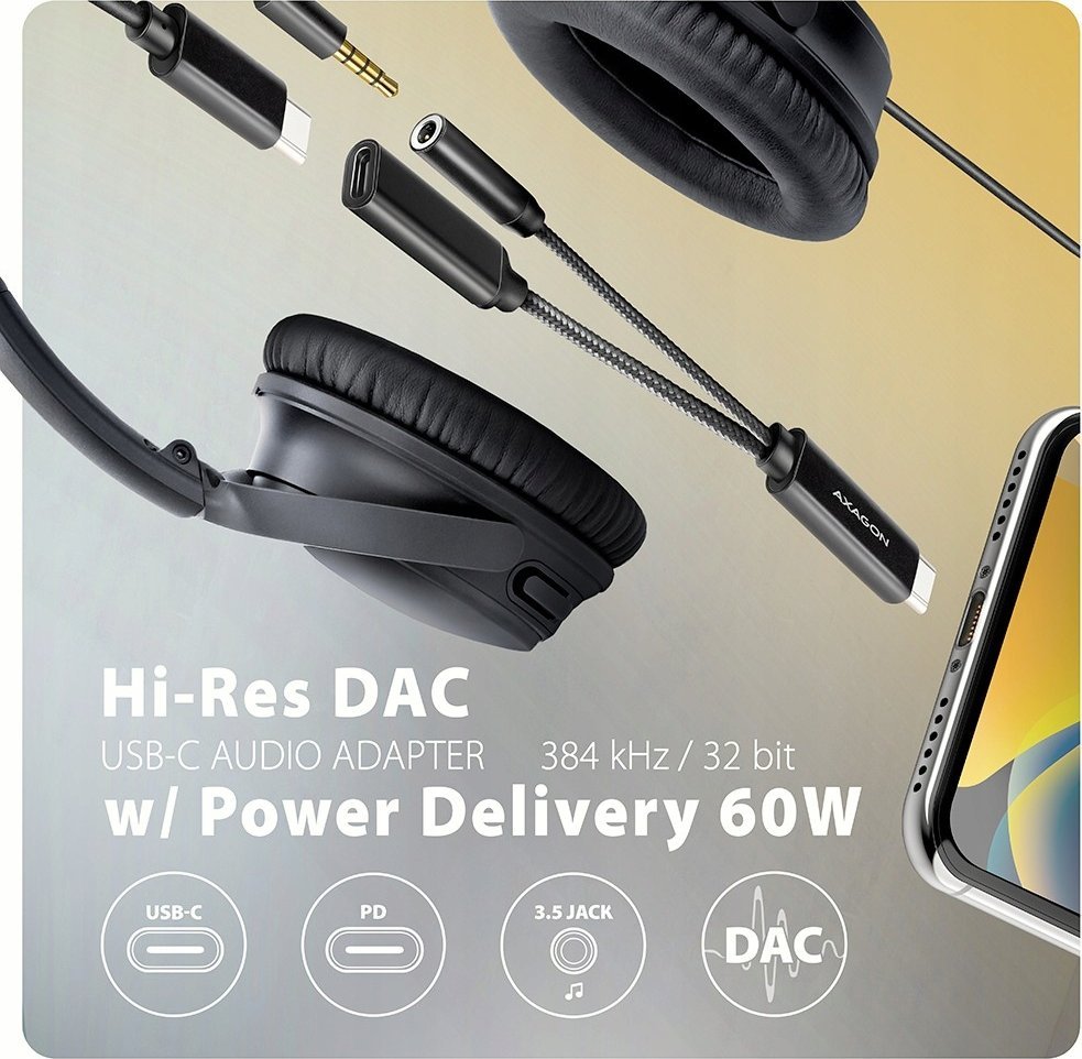 Adapter audio AXAGON ADA HCPD USB C në 3.5mm, DAC 32bit 384kHz, PD 60W, i zi