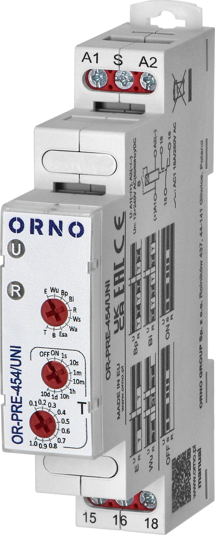 Relé kohe Orno OR-PRE-454/UNI, 10 funksione, 12 240V AC/DC, montim në shinë DIN