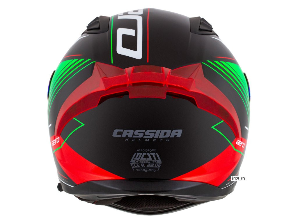 Helmetë moto CASSIDA Aero Drome 2026, integrale, polikarbonat, e zezë metalike kuqe gjelbër bardhë