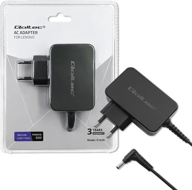 Adapter karikues Qoltec 51026 për Lenovo, 65W, prizë 4.0×1.7, i zi