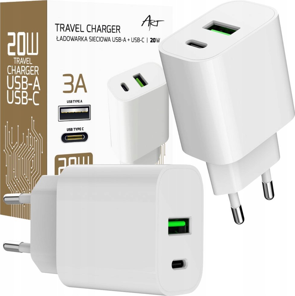 Karikues muri ART Power Adapter PD QC 4.0, 20W, 1x USB C, 1x USB A, i bardhë