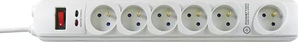 Електричен продолжувач Powerton, 6 приклучоци, кабел 3 m, бел