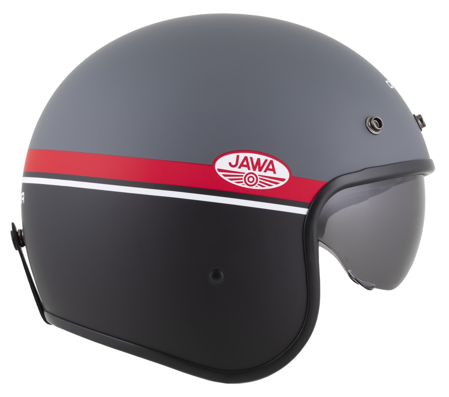 Helmetë moto CASSIDA Oxygen 2.0 Jawa OHC, vizor dielli, ECE 22.06, gri mat e kuqe e zezë e bardhë