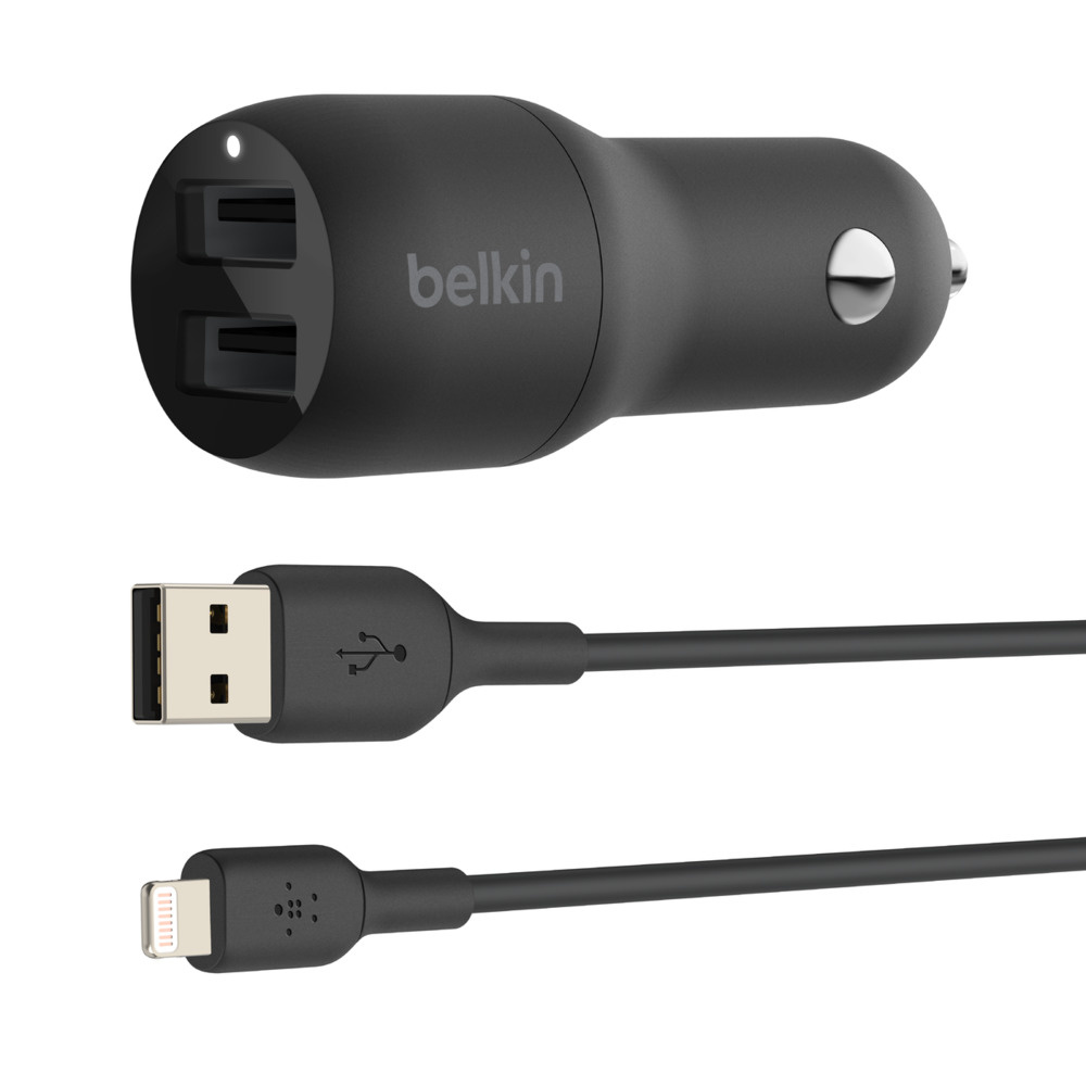 Karikues për veturë Belkin Dual USB-A 24W + kabllo USB-A - Lightning, i zi