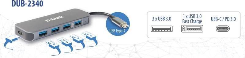 HUB USB D-Link DUB-2340, USB-C 3.2, USB Power Delivery 60W, gri