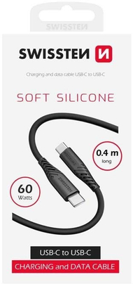 Kabllo USB Swissten Soft Silicone, USB C në USB C, 0.4m, 60W, e zezë