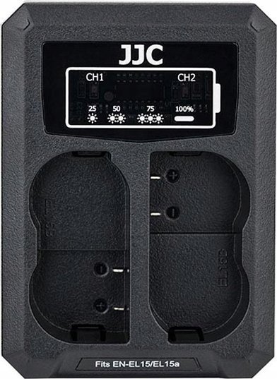 Karikues baterie JJC Dual-Channel, për Nikon EN-EL15 EN-EL15a EN-EL15b, me USB të dyfishtë, i zi